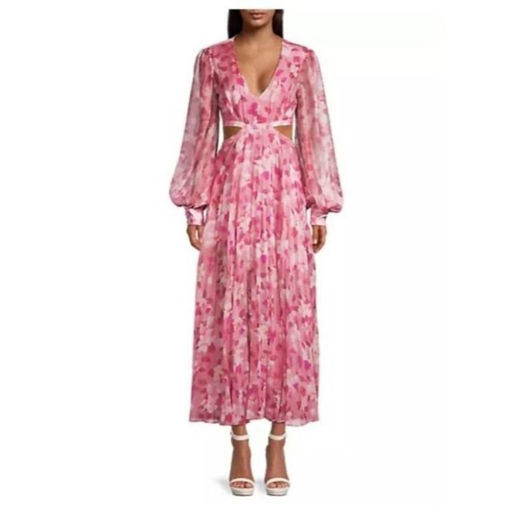 Bardot Womens Pleated Cut-Out Midi Dress Pink Purple Garden Floral NWT - Picture 1 of 7